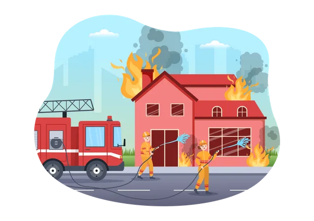 Pompiers Extinction d'incendie à la maison  Illustration
