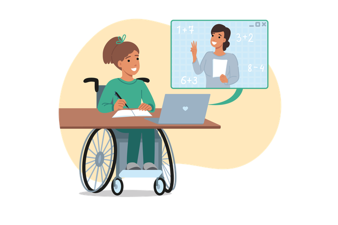 Inclusive education for teenage girl sitting in wheelchair during online math lesson  Illustration