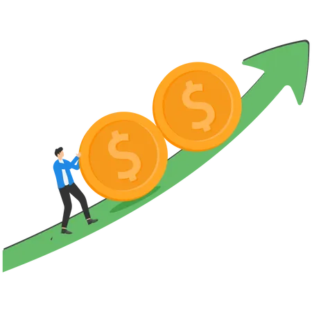 Increasing Profit Or Sales Business Concept Businessman Rolling Coins Over Arrow Line Symbol Illustration Illustration