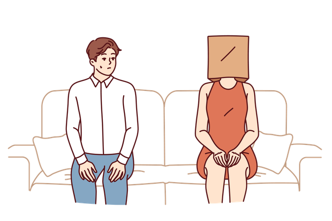 Indecisive man sits near woman with paper bag on head and is afraid of becoming acquainted  Illustration