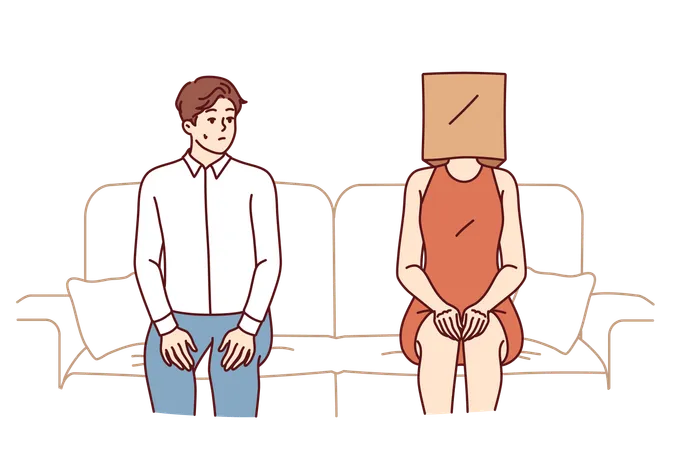 Indecisive Man Sits Near Woman With Paper Bag On Head And Is Afraid Of Becoming Acquainted Indecisive Guy Sits On Sofa With Girlfriend And Is Stressed Due To Timidity Interfering With Relationships Illustration
