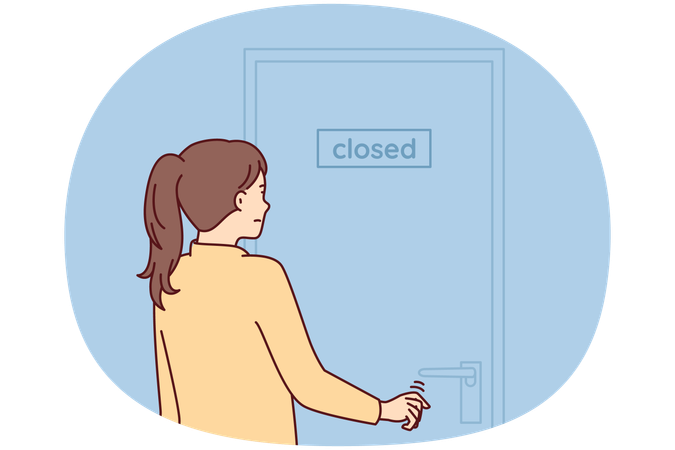 Indecisive woman pulls hand to door with inscription closed stands with back to screen  Illustration