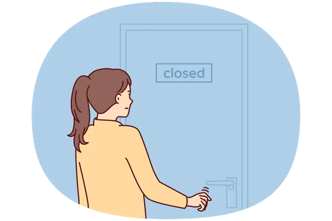 Indecisive woman pulls hand to door with inscription closed stands with back to screen  Illustration