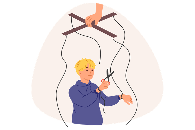 Independent boy frees himself from parental manipulation by cutting puppeteer ropes  Illustration
