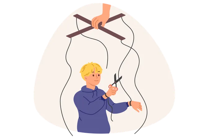 Independent Boy Frees Himself From Parental Manipulation By Cutting Puppeteer Ropes That Interfere With Self Development Puppeteer Hand Is Trying To Control Child And Direct Son In Right Direction Illustration