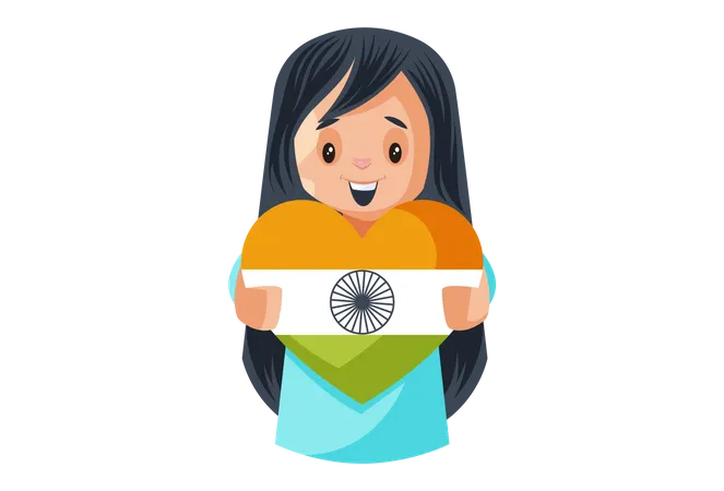 Linda chica india sosteniendo la bandera india en forma de corazón  Ilustración