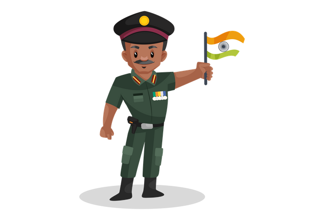 Indian army office holding Indian flag  Illustration