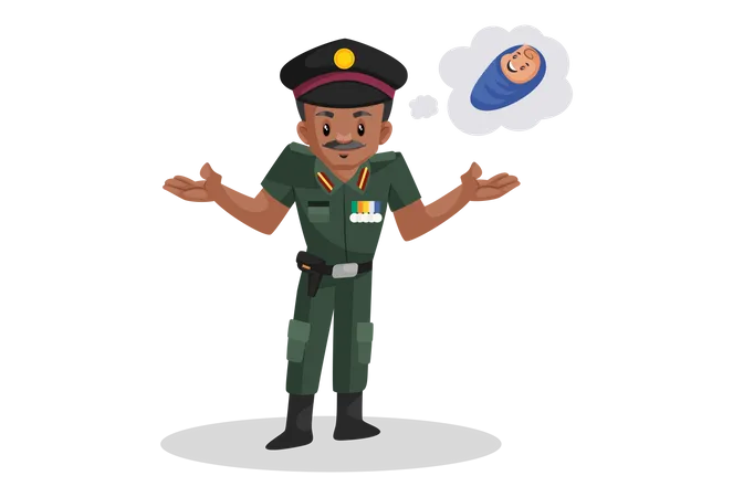 Indian army officer thinking about his child Illustration