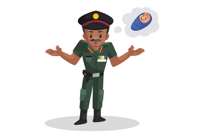 Indian army officer thinking about his child  Illustration