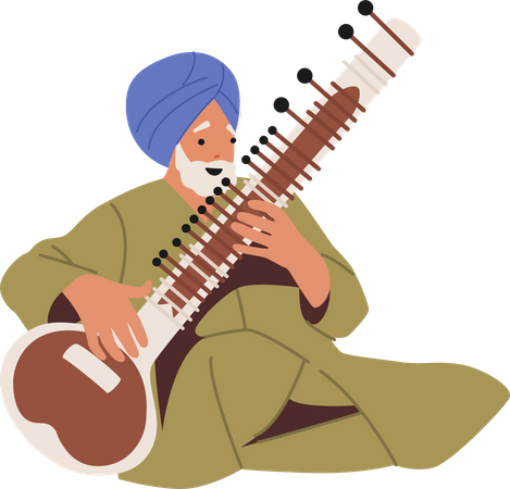 Indian Artist Musician Playing Sitar  Illustration