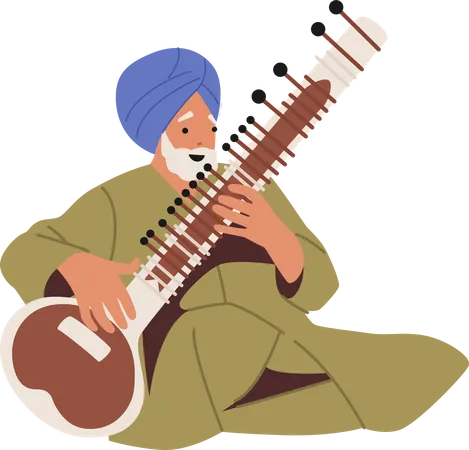 Indian Artist Musician Playing Sitar  Illustration