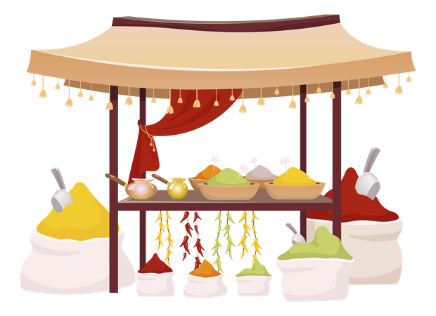 Indian bazaar tent with spices and herbs  Illustration