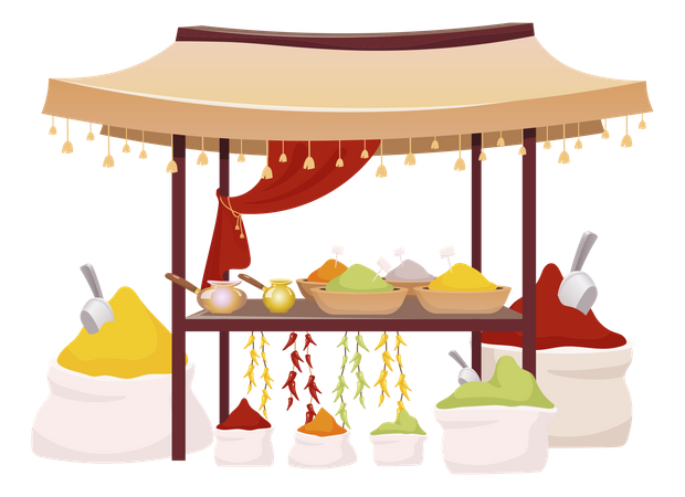 Indian bazaar tent with spices and herbs  Illustration