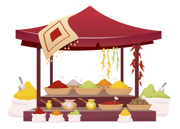 Indian bazaar tent with spices  Illustration