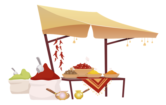 Indian bazaar tent with spices  Illustration