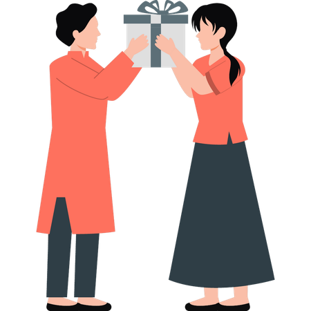 Indian boy and girl holding gift box together  Illustration