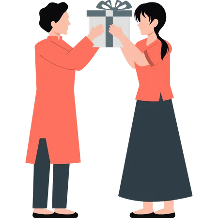Indian boy and girl holding gift box together  Illustration