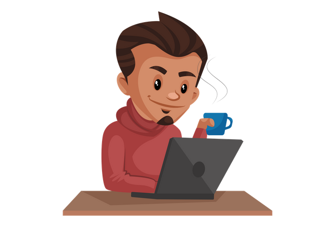Indian Boy holding coffee cup while working on laptop Illustration