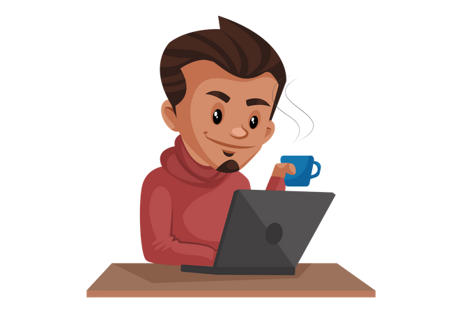 Indian Boy holding coffee cup while working on laptop  Illustration