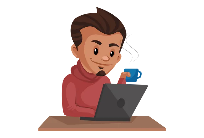 Indian Boy holding coffee cup while working on laptop  Illustration