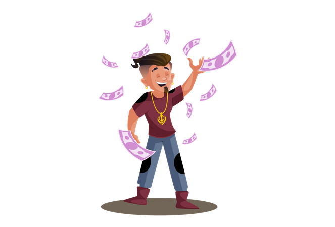 Indian boy is happy and flying money in the air Illustration