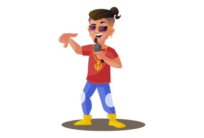 Indian boy is wearing sunglasses and singing song in a mike  Illustration