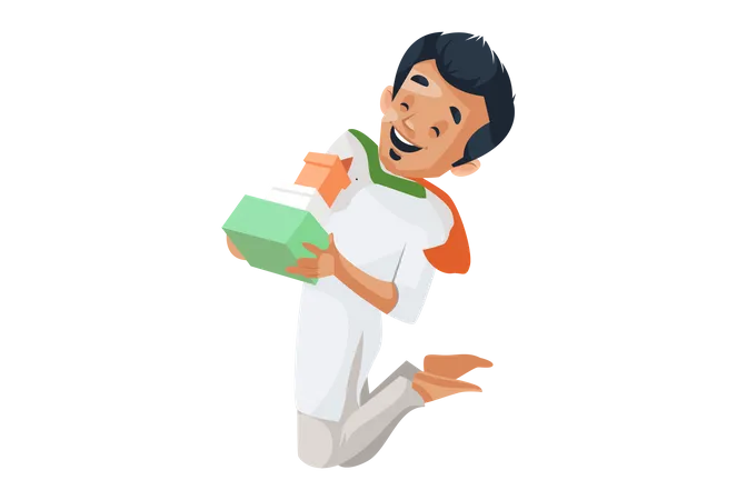 Indian boy jumping and holding gift in his hands  イラスト