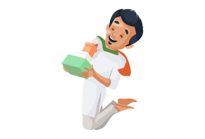 Indian boy jumping and holding gift in his hands  Illustration