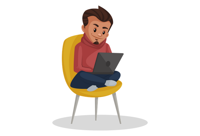 Indian Boy sitting in chair whille working on laptop  Illustration