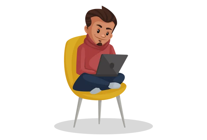 Indian Boy sitting in chair whille working on laptop  Illustration