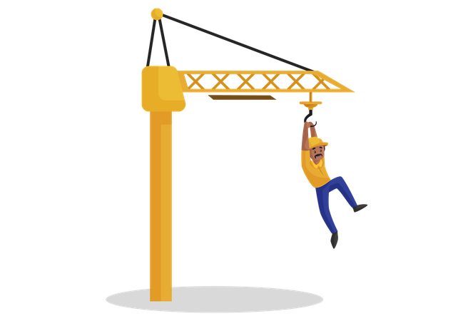 Indian builder is hanging on the tower crane Illustration