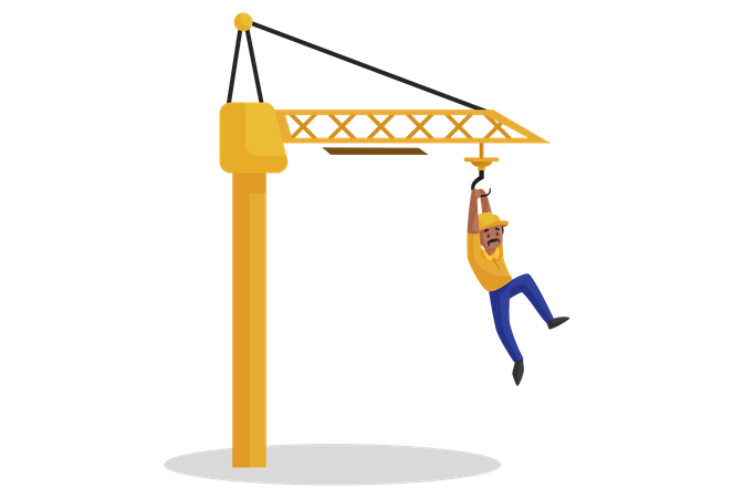 Indian builder is hanging on the tower crane  Illustration