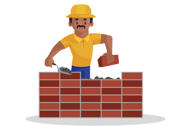 Indian builder is making a wall with cement and bricks Illustration