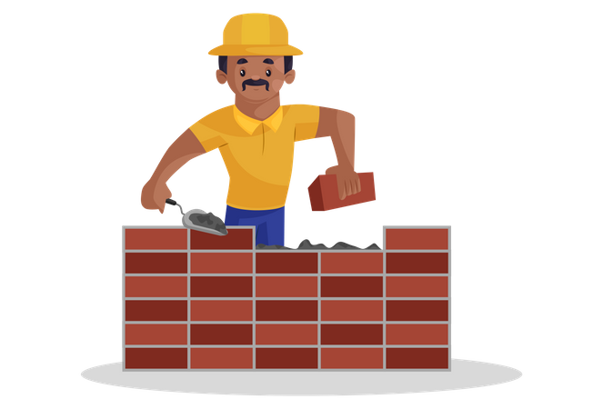 Indian builder is making a wall with cement and bricks  イラスト