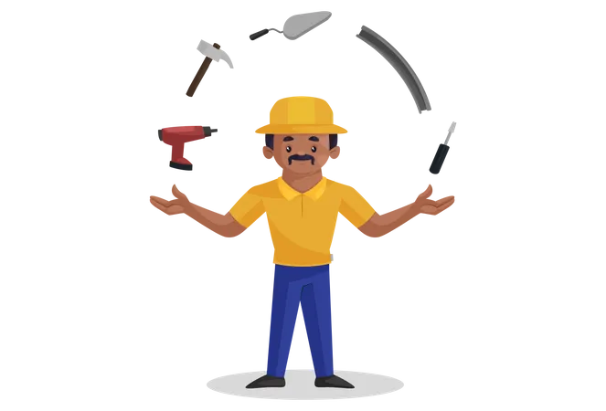 Indian builder showing his construction tools Illustration