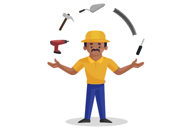 Indian builder showing his construction tools  Illustration