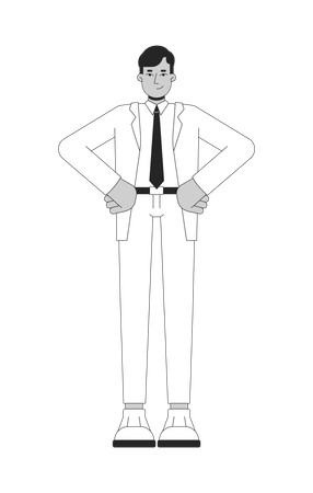 Indian businessman in suit tie hands on hips black and white 2D line character  Illustration