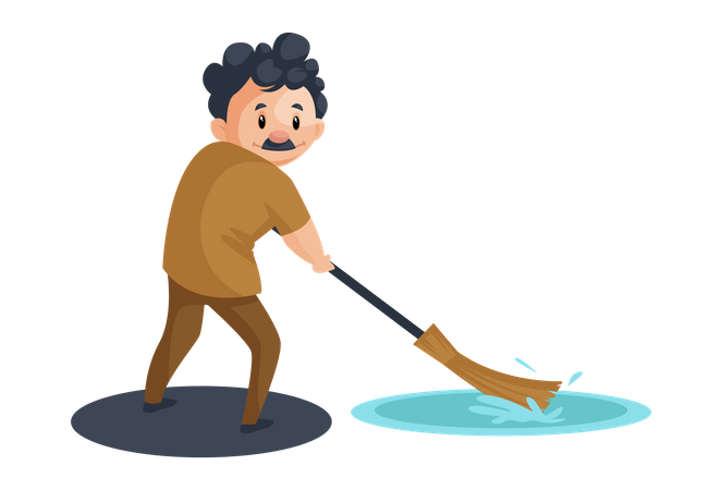 Indian cleaner cleaning water with mop Illustration