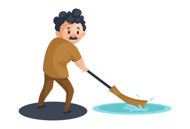 Indian cleaner cleaning water with mop  Illustration