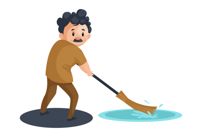 Indian cleaner cleaning water with mop  Illustration