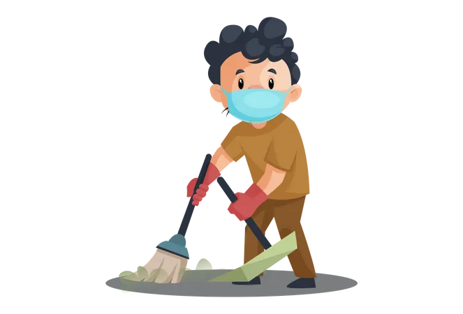 Indian Cleaner cleaning with broom and dustpan Illustration