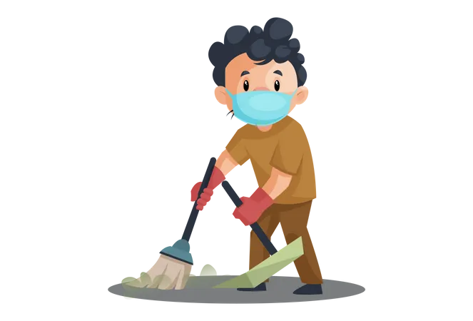 Indian Cleaner cleaning with broom and dustpan  Illustration