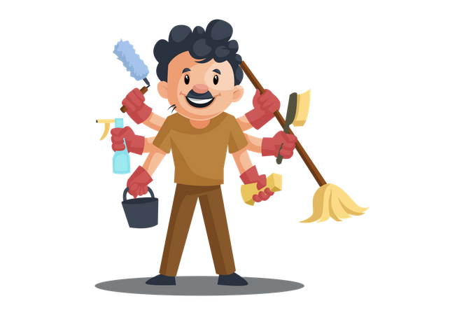 Indian cleaner in Multitasking concept Illustration
