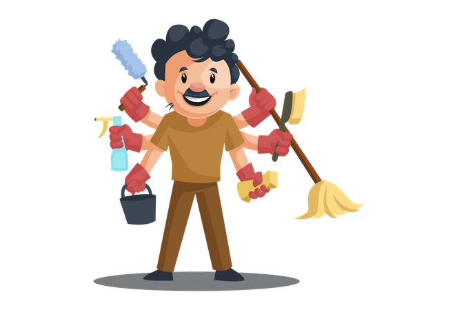 Indian cleaner in Multitasking concept  Illustration