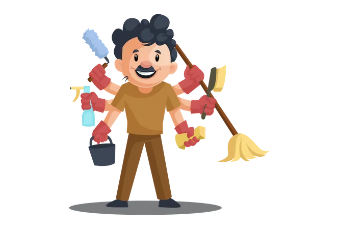 Indian cleaner in Multitasking concept  Illustration