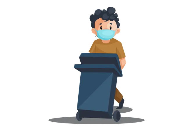 Indian cleaner pushing dustbin Illustration