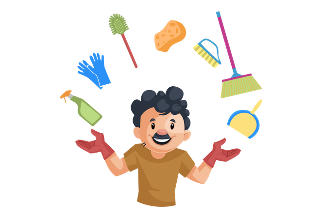 Indian cleaner with cleaning equipment  Illustration