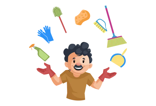 Indian cleaner with cleaning equipment  Illustration