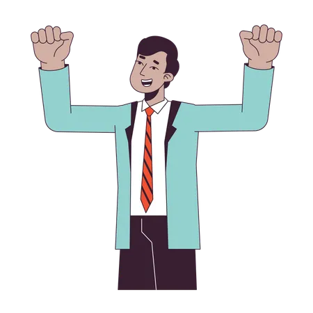 Indian Corporate Employee Raising Hands Up Flat Line Color Vector Character Editable Outline Half Body Person On White Happy Worker Simple Cartoon Spot Illustration For Web Graphic Design イラスト