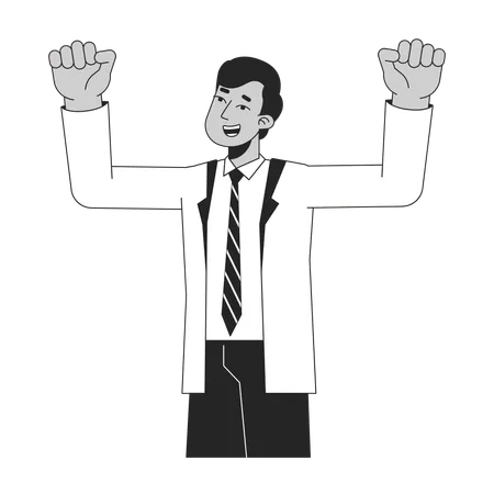 Indian Corporate Employee Raising Hands Up Flat Line Black White Vector Character Editable Outline Half Body Person Happy Worker Simple Cartoon Isolated Spot Illustration For Web Graphic Design Illustration